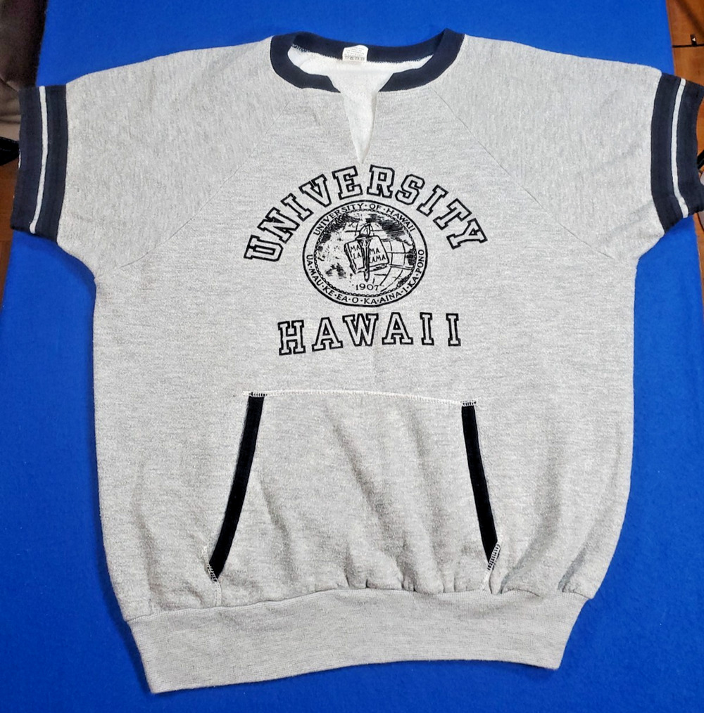 Vtg 70s Velva Sheen University of Hawaii Short Sleeve Sweatshirt Pocket Gray